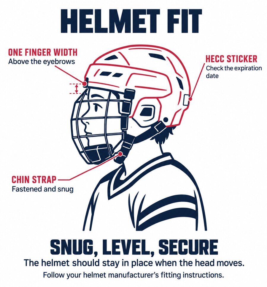 Side view of a young player wearing a hockey helmet with a cage, showing about one finger width of space above the eyebrow, a fastened chin strap, and the certification sticker at the back of the shell.