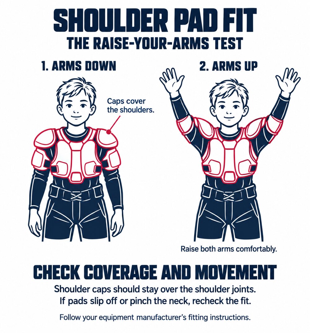 Two views of a young player in shoulder pads, first with arms down and then with both arms raised overhead, showing whether the shoulder caps stay covering the shoulders.